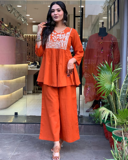 Rust Embroidery Cotton Co-Ord Set For Women