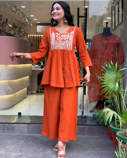 Rust Embroidery Cotton Co-Ord Set For Women