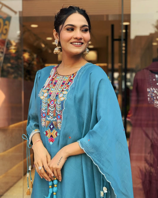 Sky Blue Embroidery Chandery silk Suit Set With Dupatta For Women