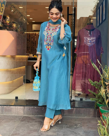Sky Blue Embroidery Chandery silk Suit Set With Dupatta For Women