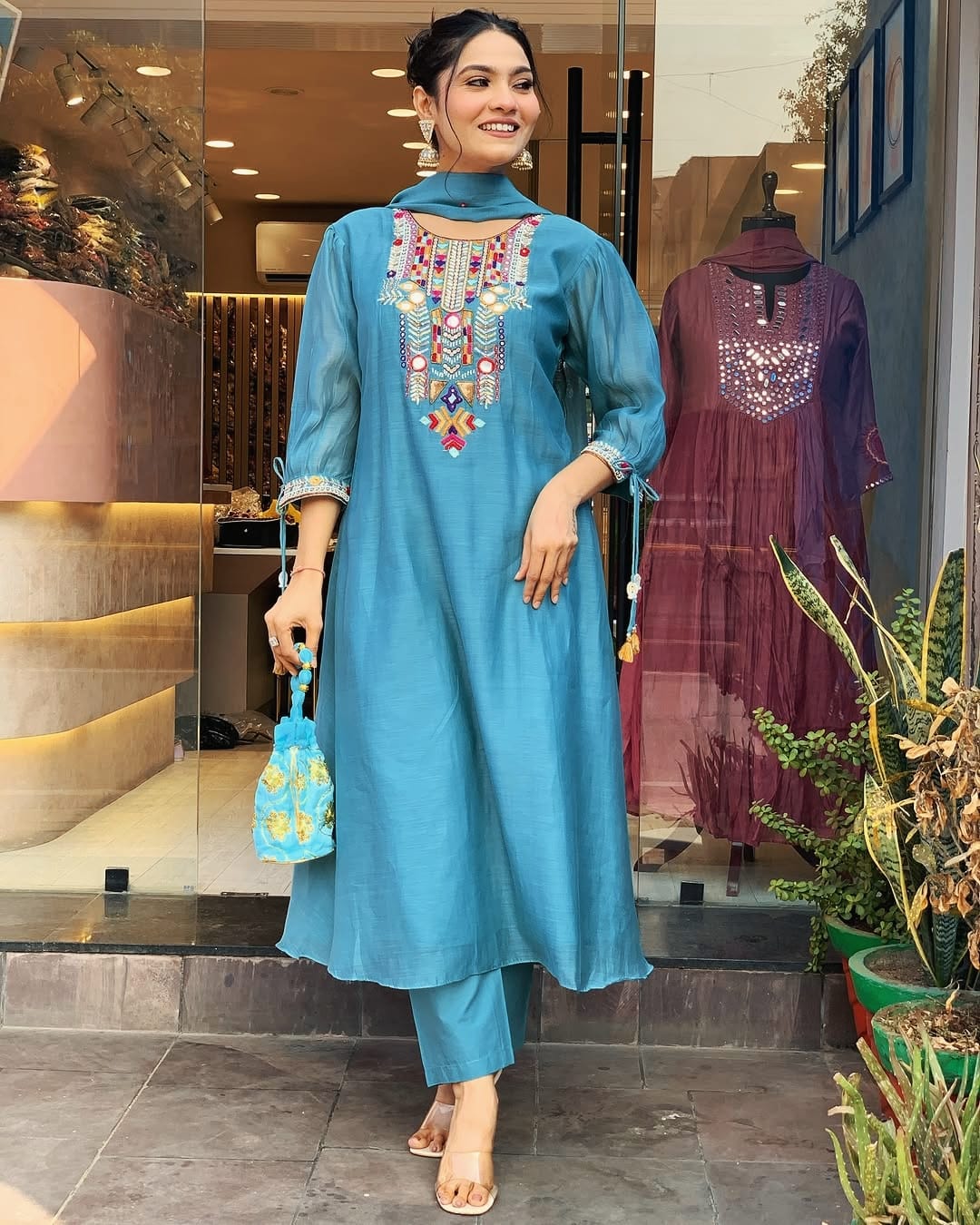 Sky Blue Embroidery Chandery silk Suit Set With Dupatta For Women