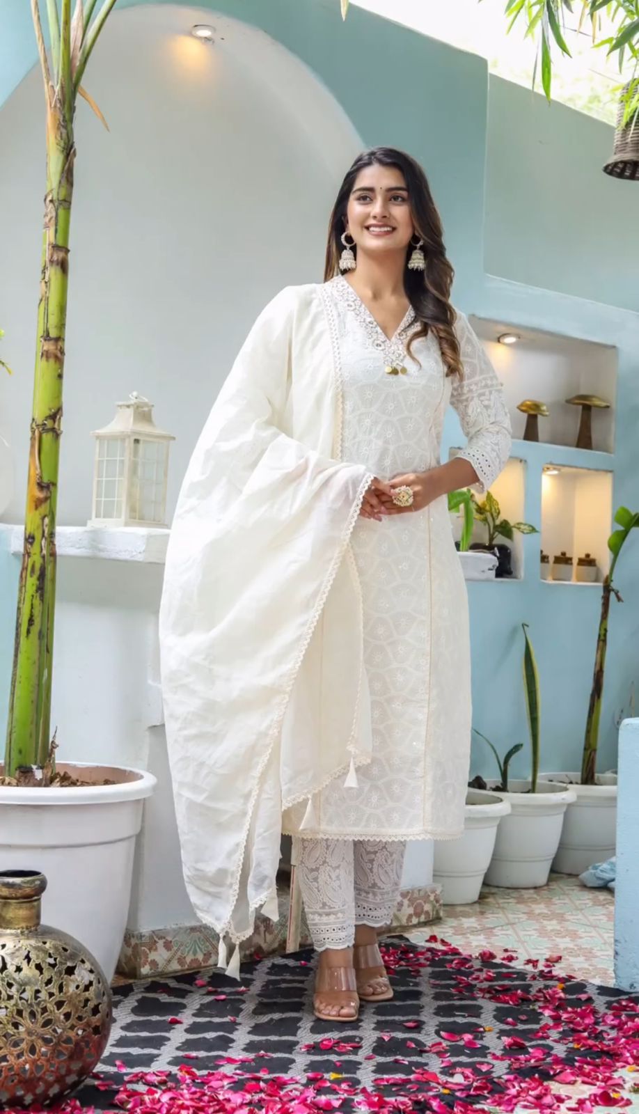 Off White The Chikankari Cotton Kurti Pai With Pants And A Chanderi Dupatta For Women