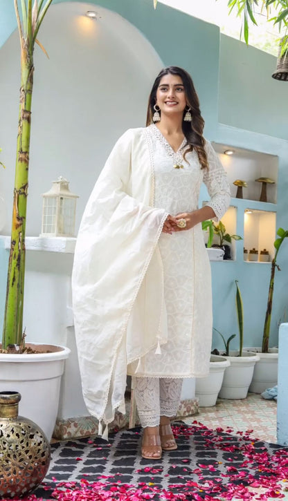 Off White The Chikankari Cotton Kurti Pai With Pants And A Chanderi Dupatta For Women