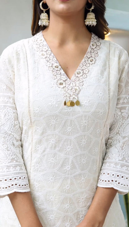 Off White The Chikankari Cotton Kurti Pai With Pants And A Chanderi Dupatta For Women