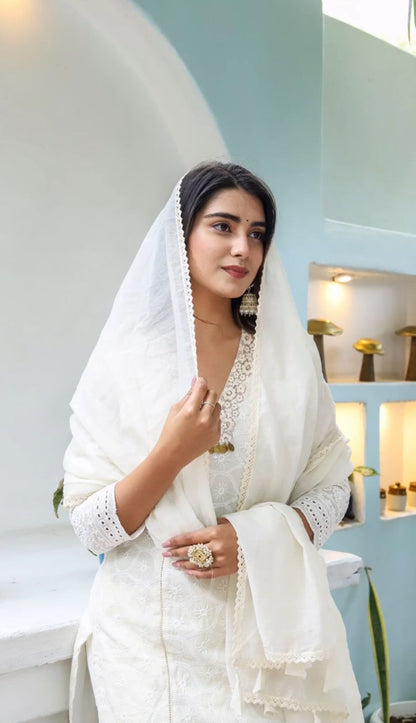 Off White The Chikankari Cotton Kurti Pai With Pants And A Chanderi Dupatta For Women