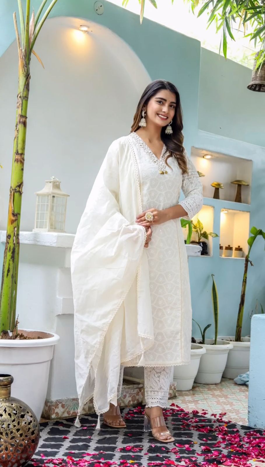 Off White The Chikankari Cotton Kurti Pai With Pants And A Chanderi Dupatta For Women