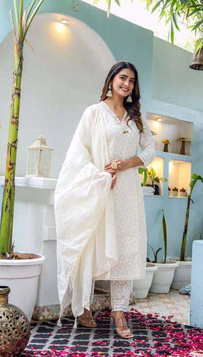 Off White The Chikankari Cotton Kurti Pai With Pants And A Chanderi Dupatta For Women