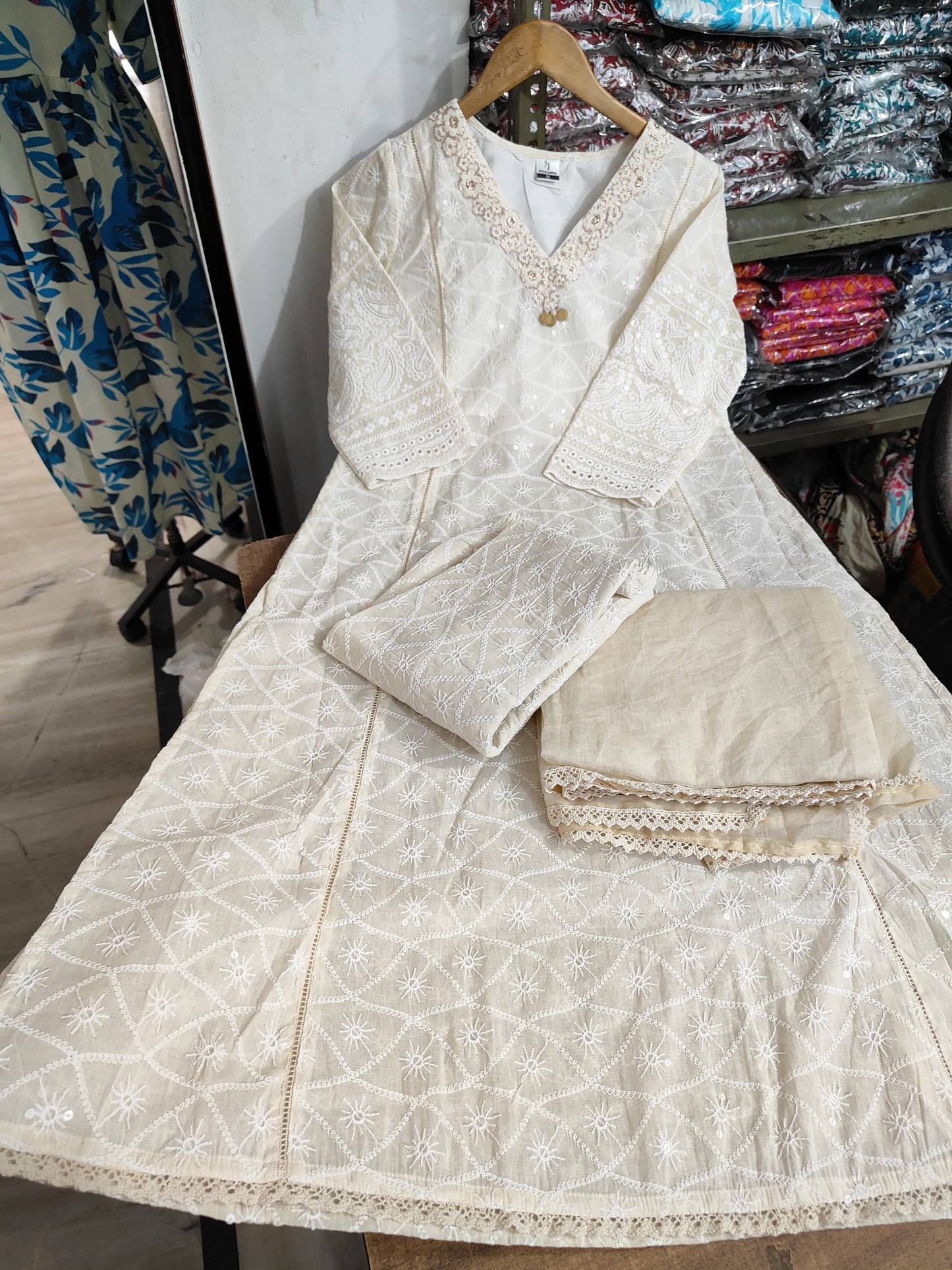 Off White The Chikankari Cotton Kurti Pai With Pants And A Chanderi Dupatta For Women
