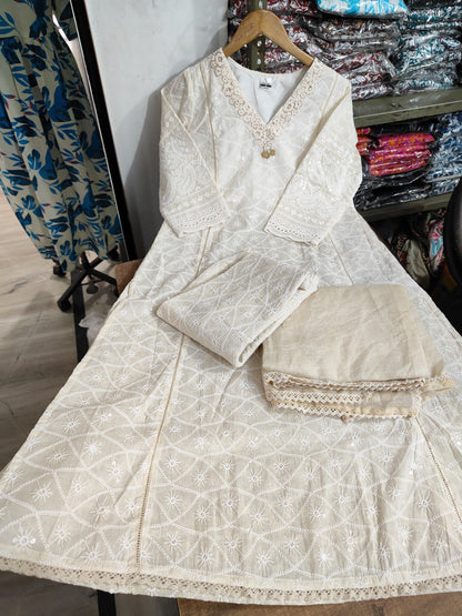 Off White The Chikankari Cotton Kurti Pai With Pants And A Chanderi Dupatta For Women