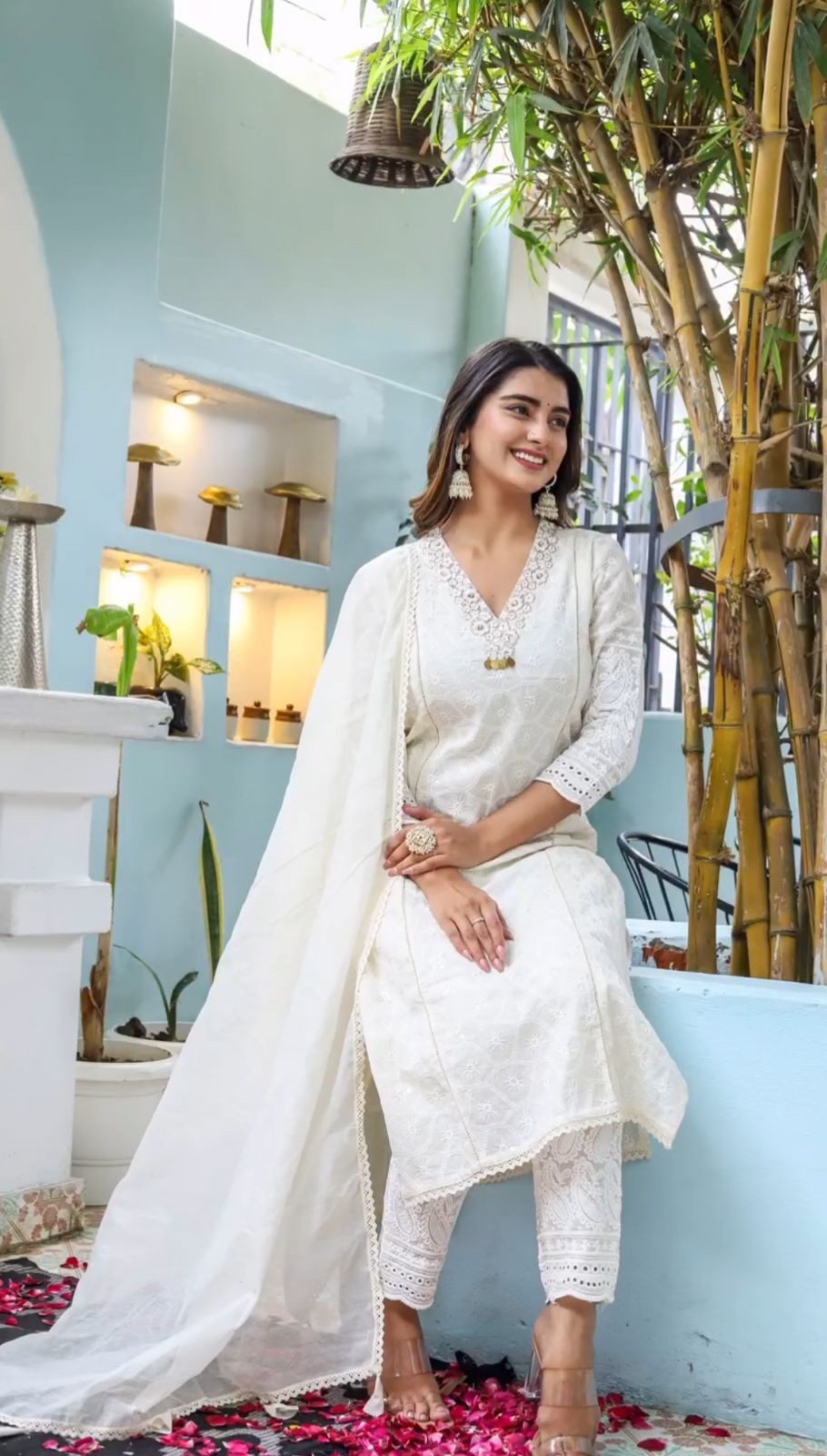 Off White The Chikankari Cotton Kurti Pai With Pants And A Chanderi Dupatta For Women