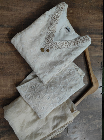 Off White The Chikankari Cotton Kurti Pai With Pants And A Chanderi Dupatta For Women