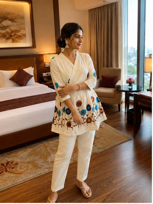 Ivory Embroidered Cotton Wrap Peplum Kurta