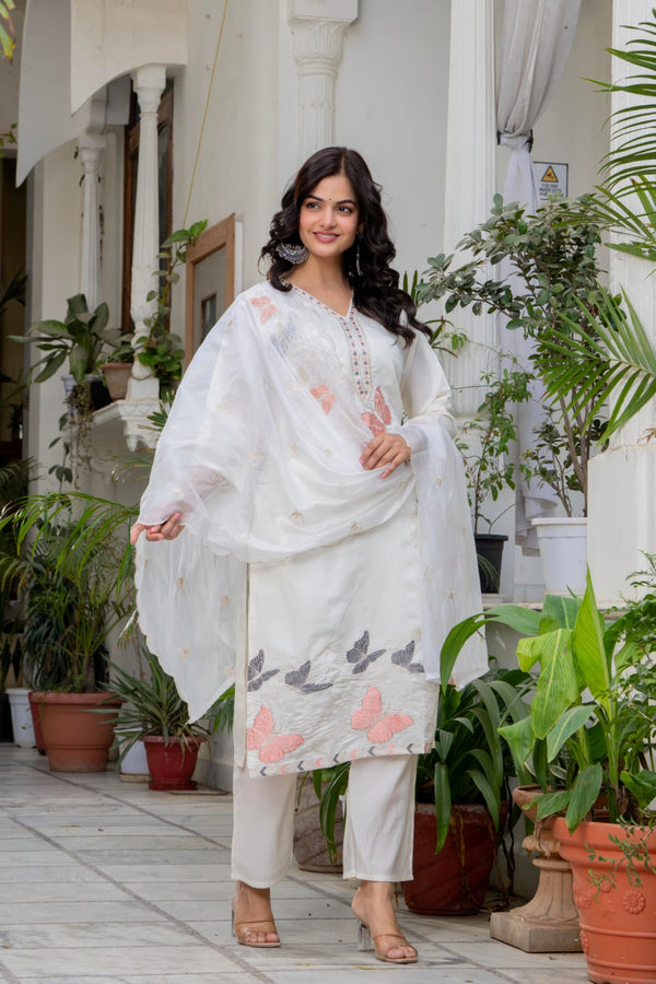 White Embroidered Roman Silk Kurta Pant Dupatta Set