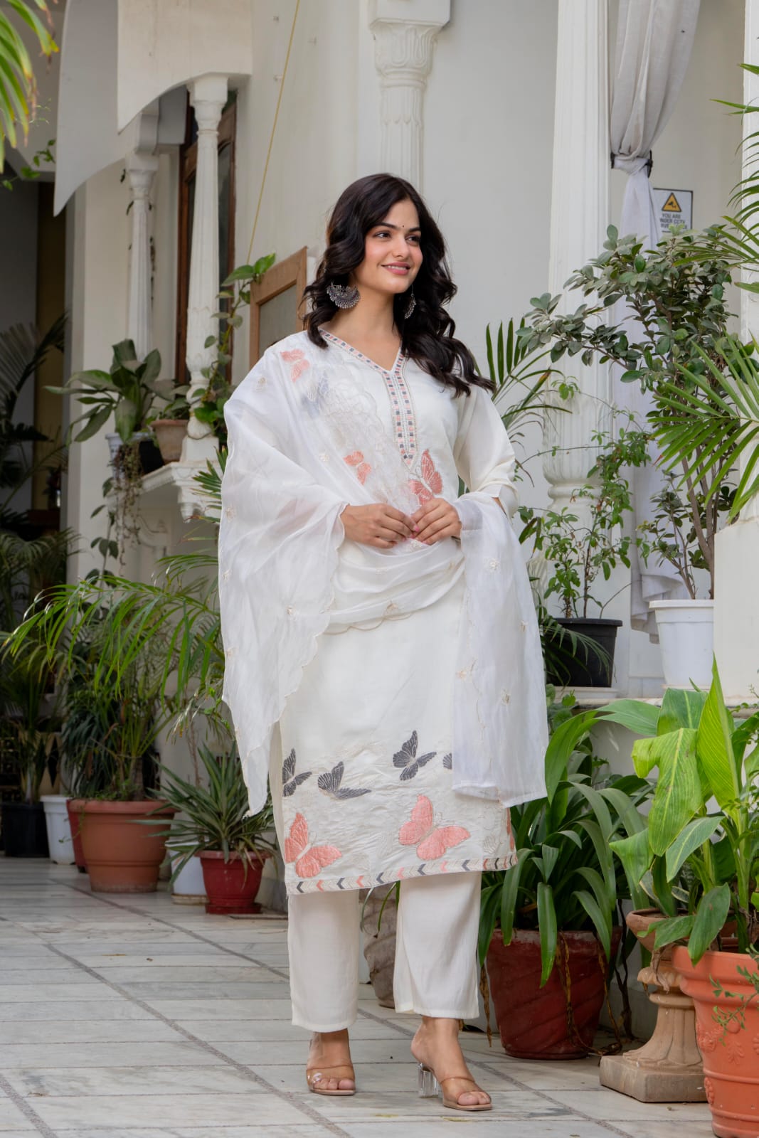 White Embroidered Roman Silk Kurta Pant Dupatta Set