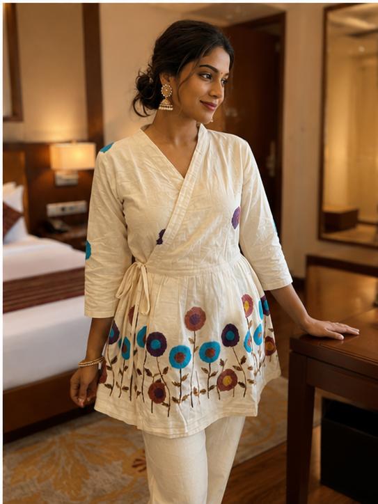 Ivory Embroidered Cotton Wrap Peplum Kurta