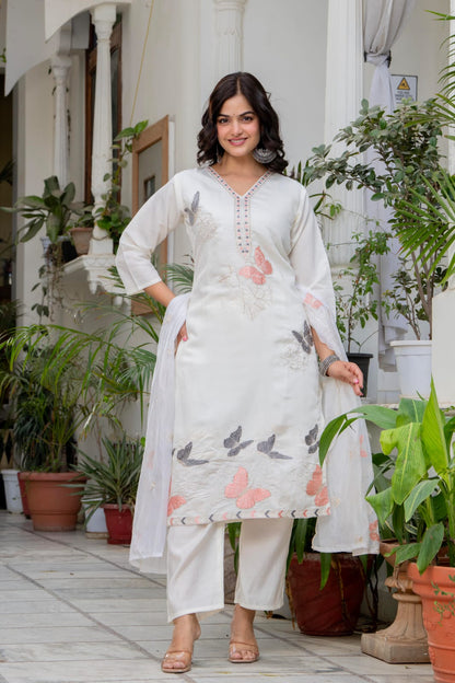 White Embroidered Roman Silk Kurta Pant Dupatta Set