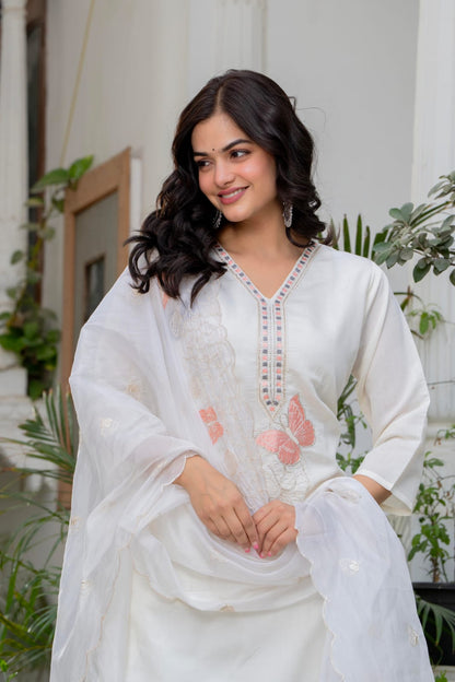 White Embroidered Roman Silk Kurta Pant Dupatta Set