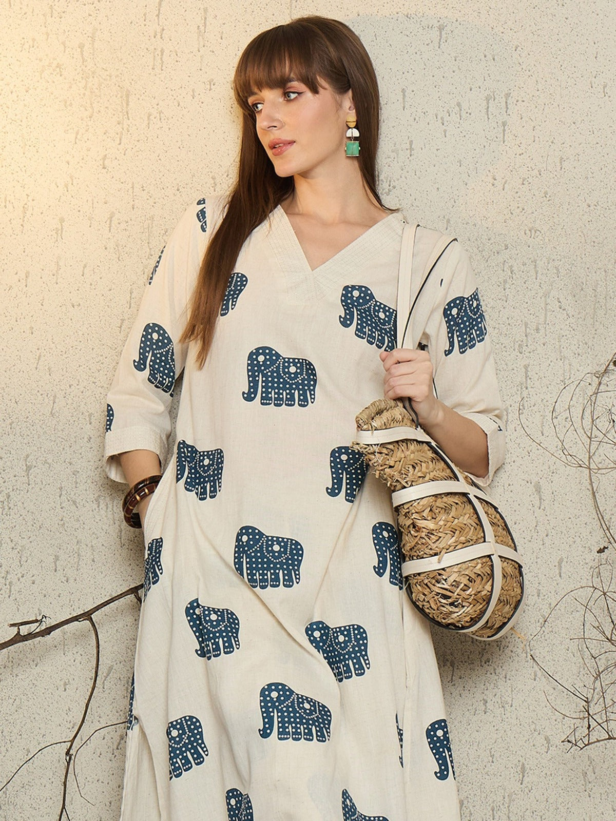 Ivory Blue Elephant Printed Cotton Kurta Set