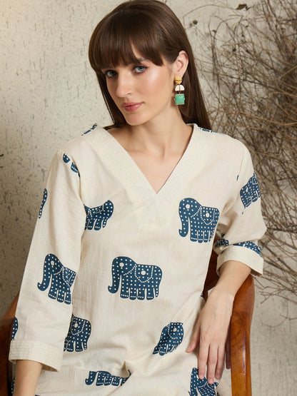 Ivory Blue Elephant Printed Cotton Kurta Set