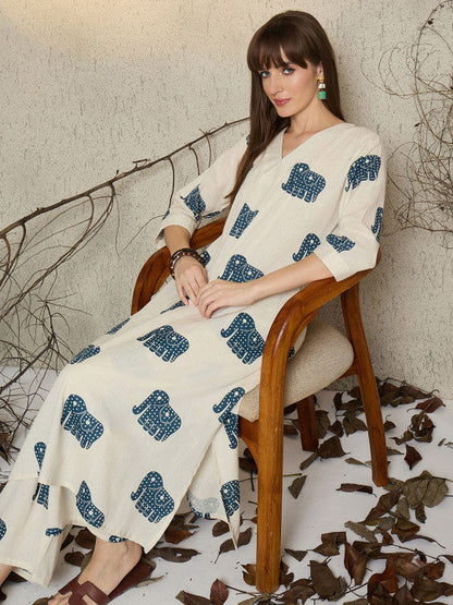 Ivory Blue Elephant Printed Cotton Kurta Set