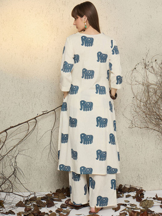 Ivory Blue Elephant Printed Cotton Kurta Set