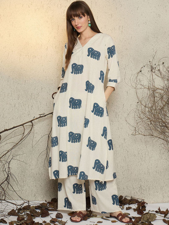 Ivory Blue Elephant Printed Cotton Kurta Set