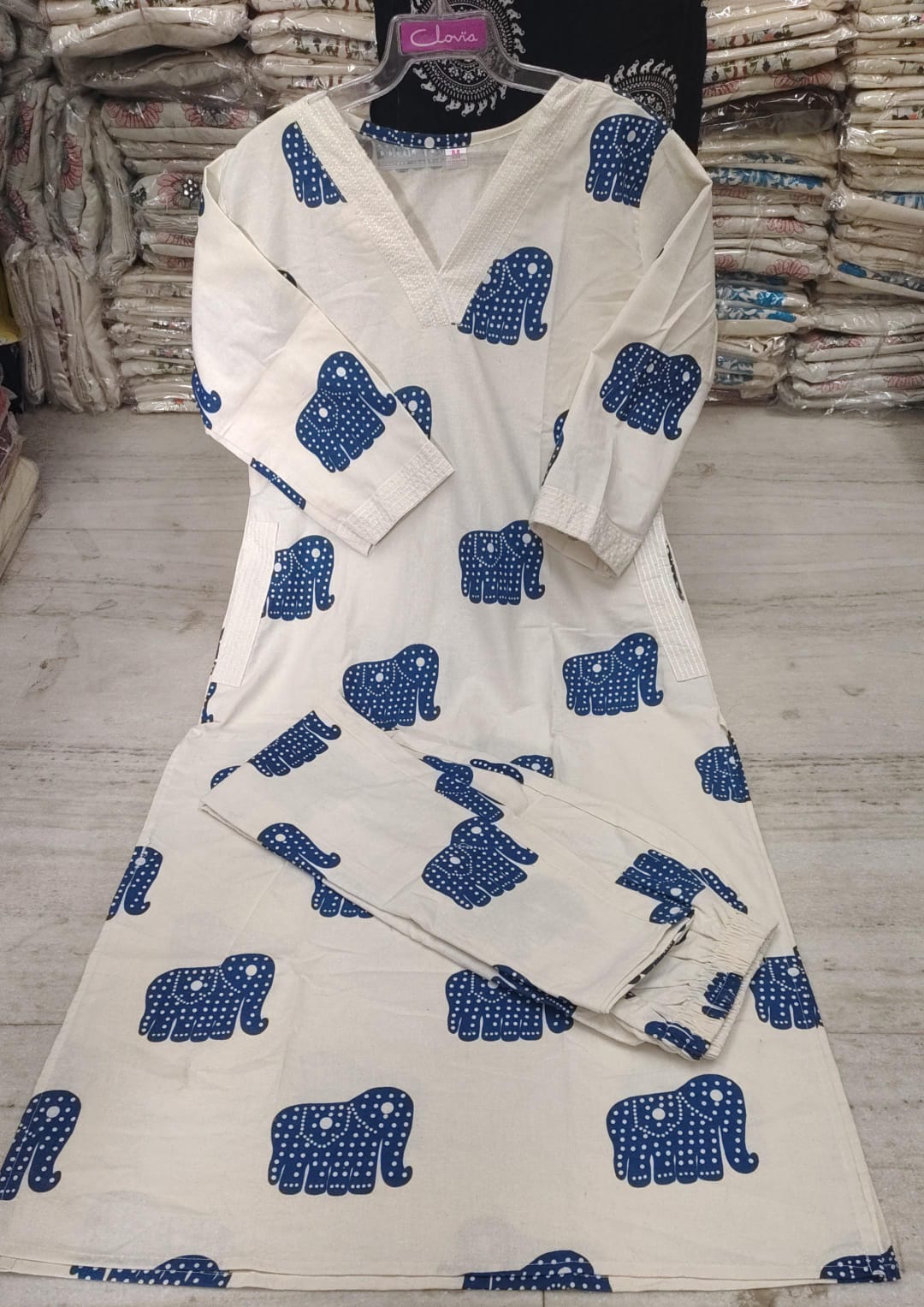 Ivory Blue Elephant Printed Cotton Kurta Set