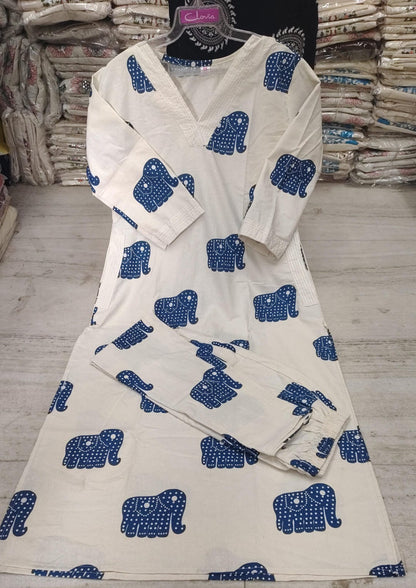 Ivory Blue Elephant Printed Cotton Kurta Set
