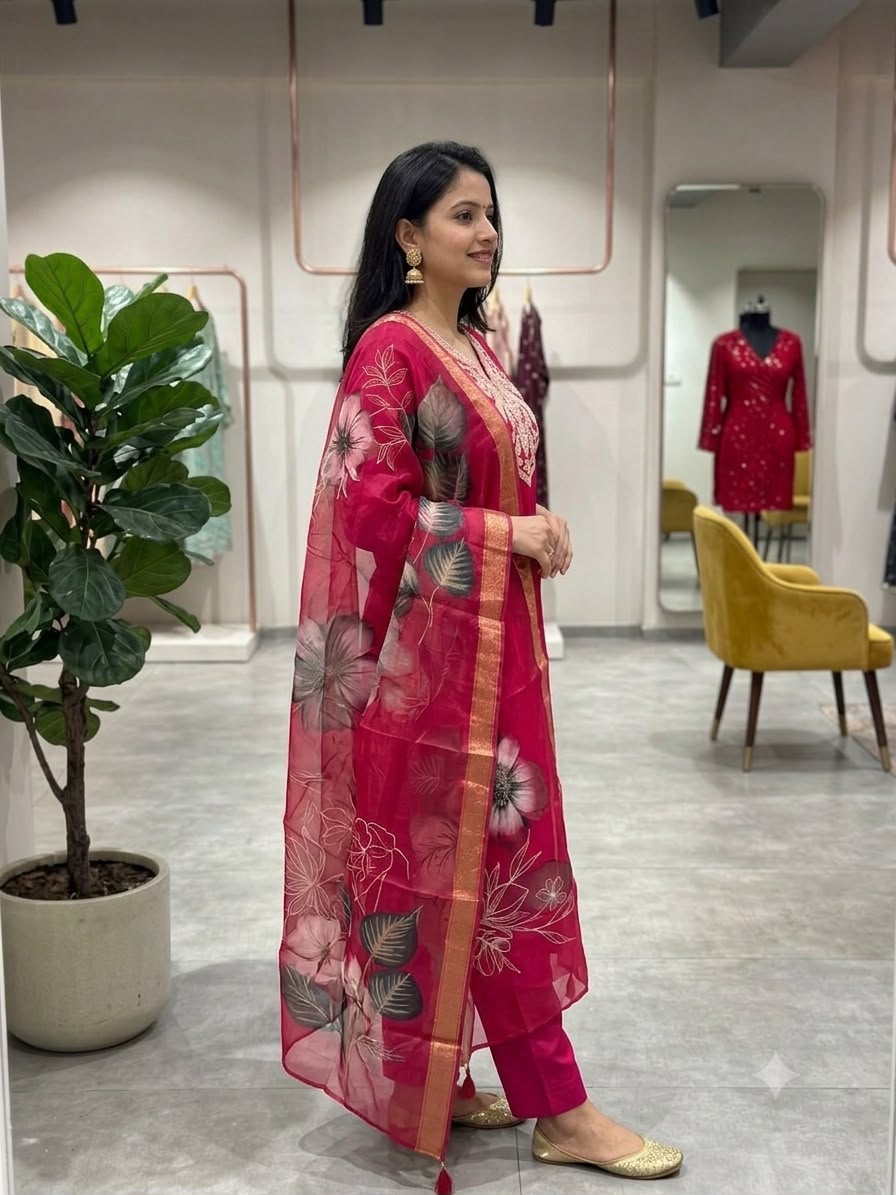 Pink Embroidered Kurta Pant Dupatta Set