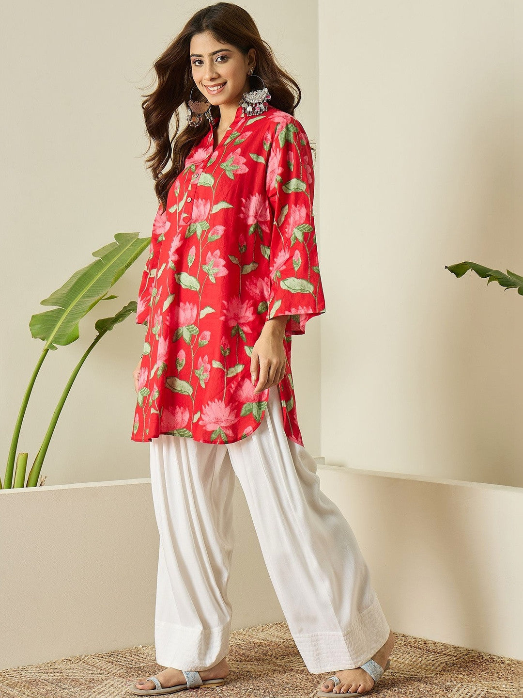 Red Floral Cotton Kurta Farshi Salwar Set