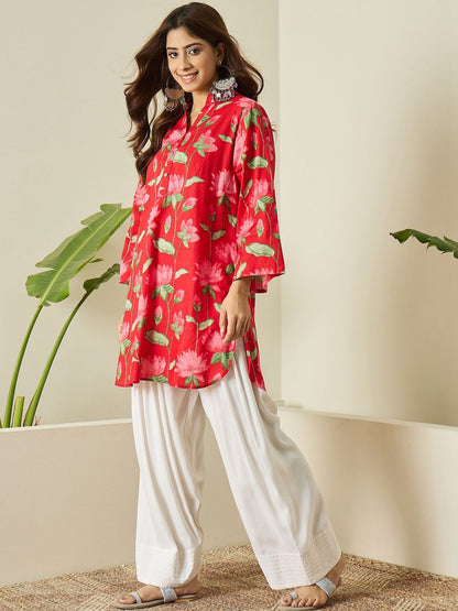 Red Floral Cotton Kurta Farshi Salwar Set