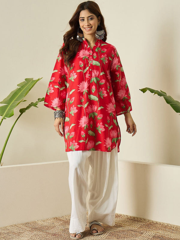 Red Floral Cotton Kurta Farshi Salwar Set
