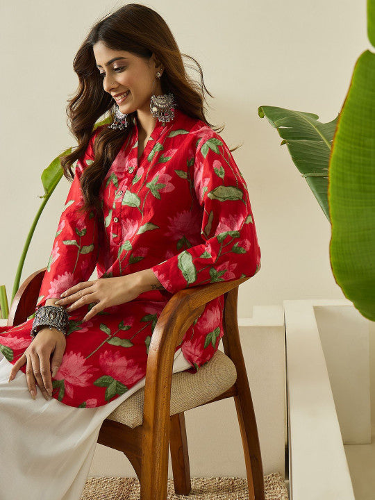 Red Floral Cotton Kurta Farshi Salwar Set