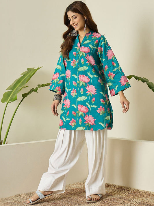Teal Floral Cotton Kurta Farshi Salwar Set