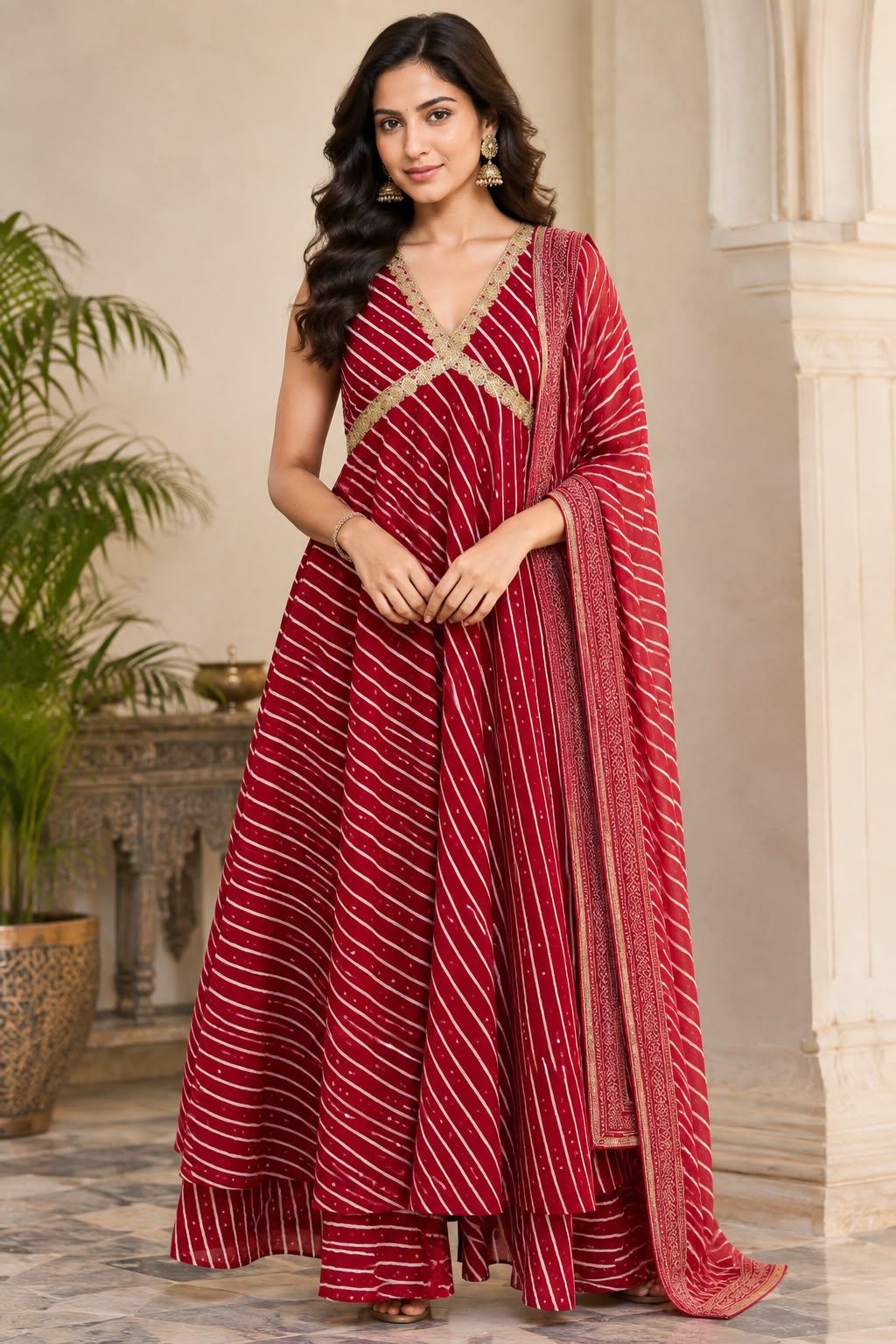 Women’s Red Leheriya Printed Cotton Gown with Cotton Lining