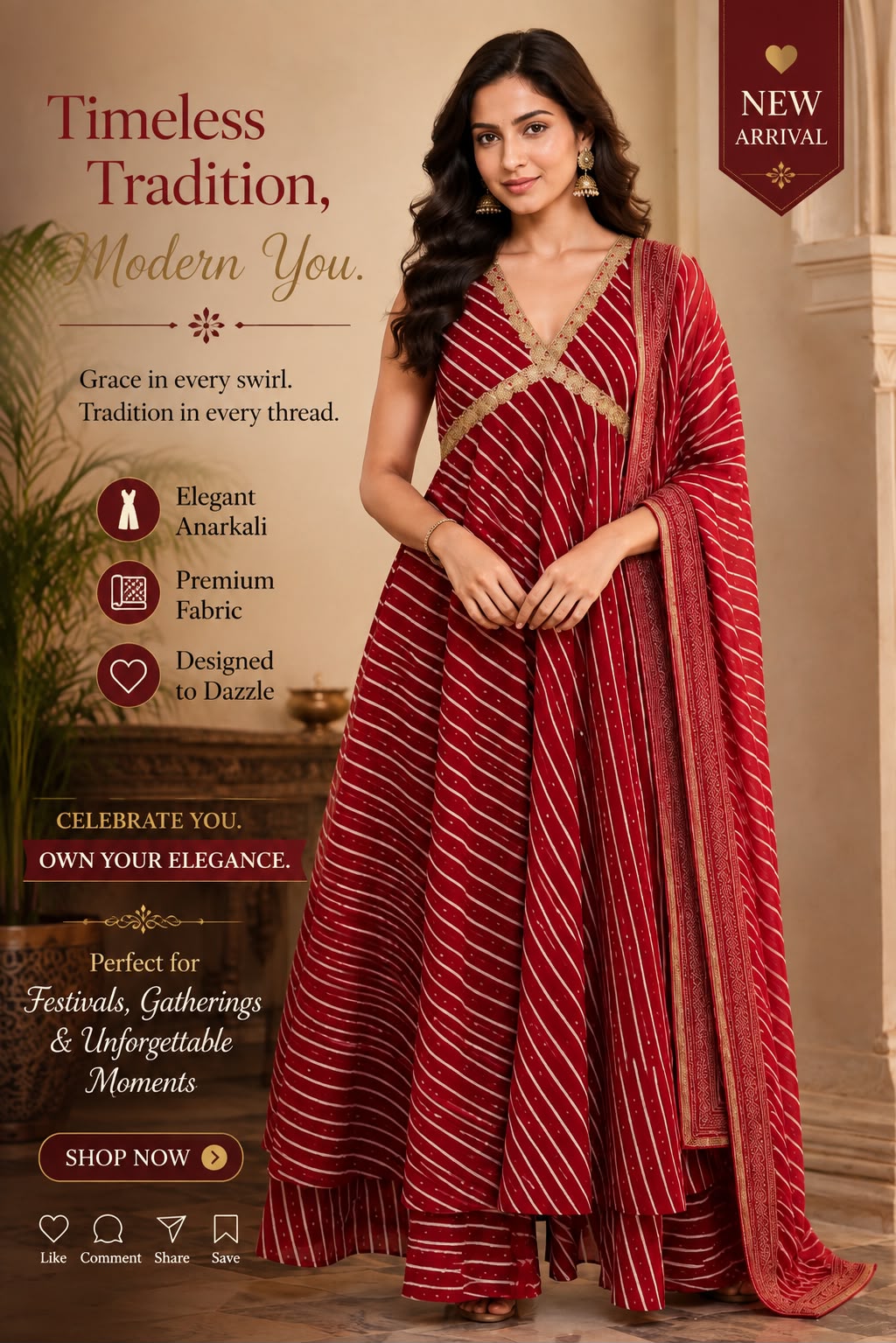 Women’s Red Leheriya Printed Cotton Gown with Cotton Lining
