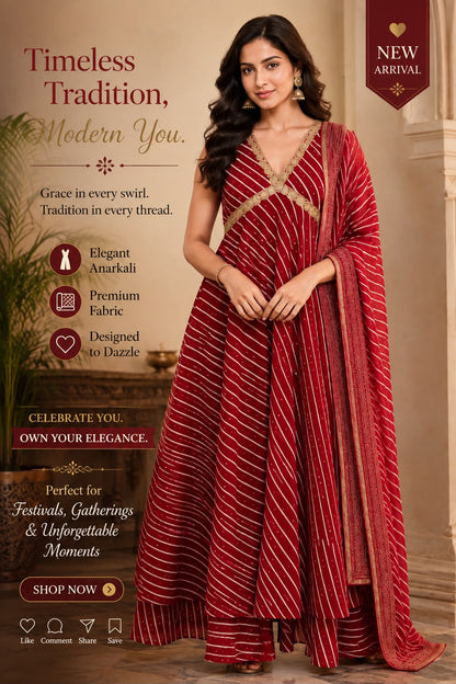 Women’s Red Leheriya Printed Cotton Gown with Cotton Lining