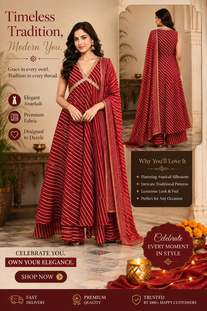 Women’s Red Leheriya Printed Cotton Gown with Cotton Lining