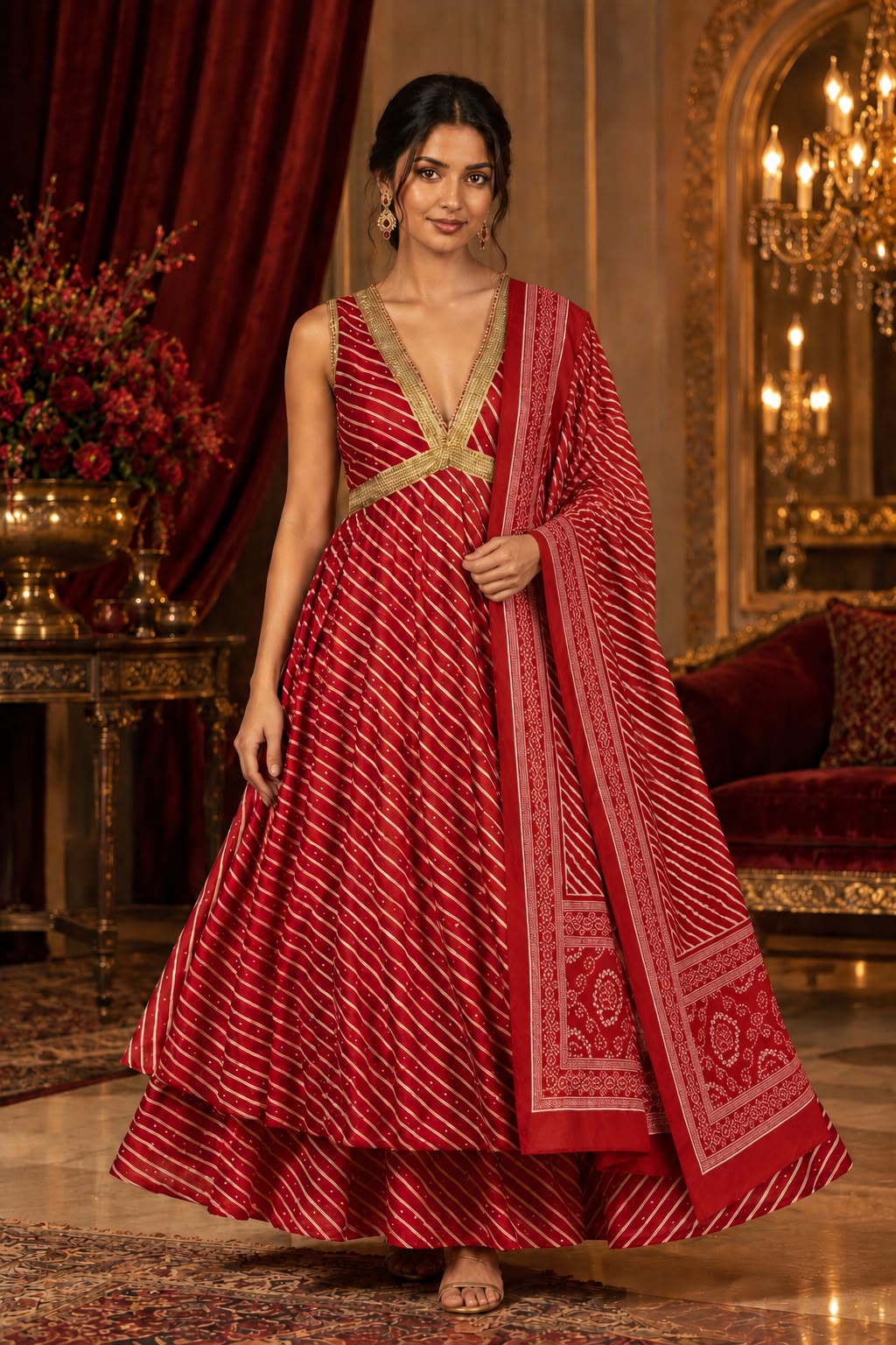 Red Leheriya Print Festive Anarkali Suit Set