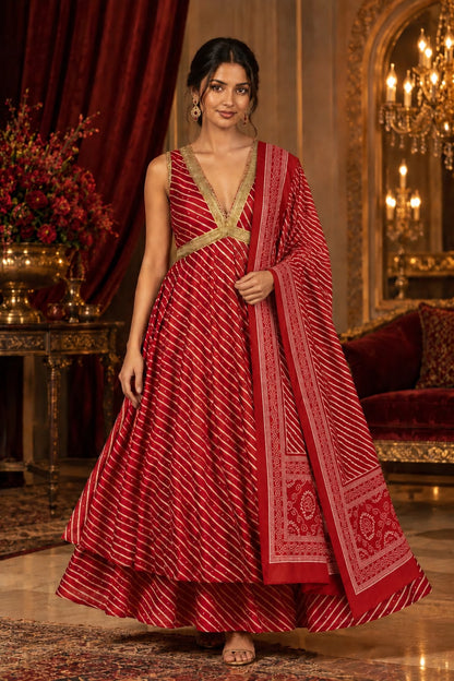 Red Leheriya Print Festive Anarkali Suit Set