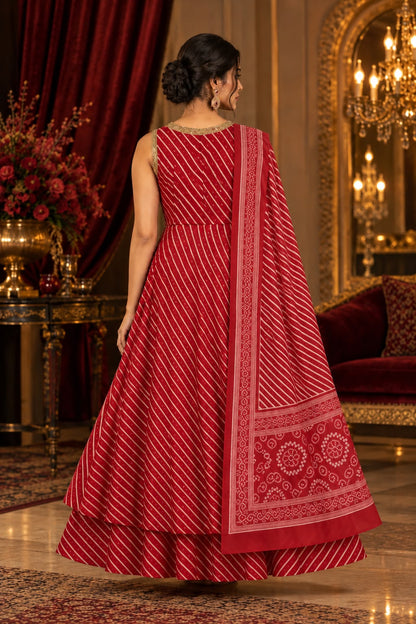 Red Leheriya Print Festive Anarkali Suit Set
