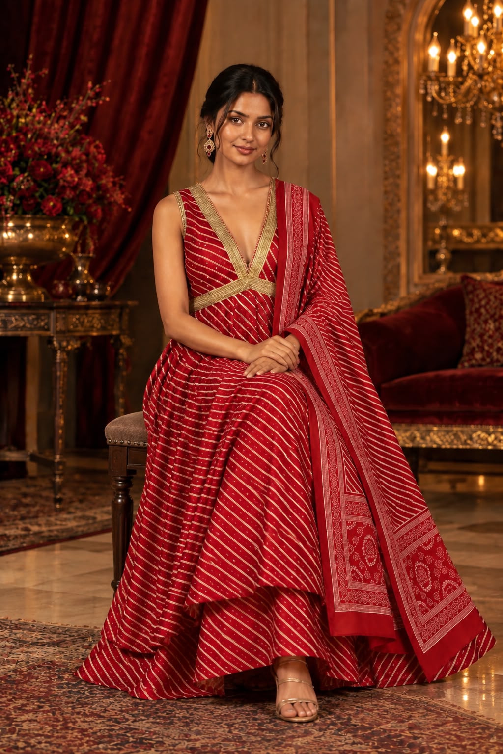 Red Leheriya Print Festive Anarkali Suit Set