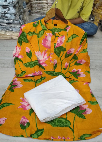 Mustard Floral Cotton Kurta Farshi Salwar Set