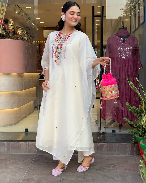 White Embroidery Chandery silk Suit Set With Dupatta For Women