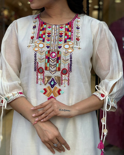 White Embroidery Chandery silk Suit Set With Dupatta For Women