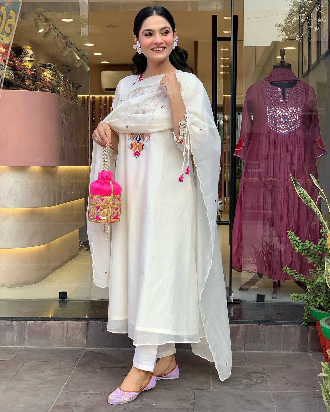 White Embroidery Chandery silk Suit Set With Dupatta For Women