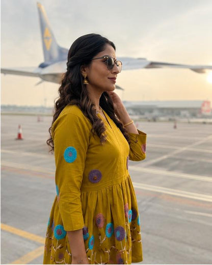 Mustard Embroidered Cotton Wrap Peplum Kurta
