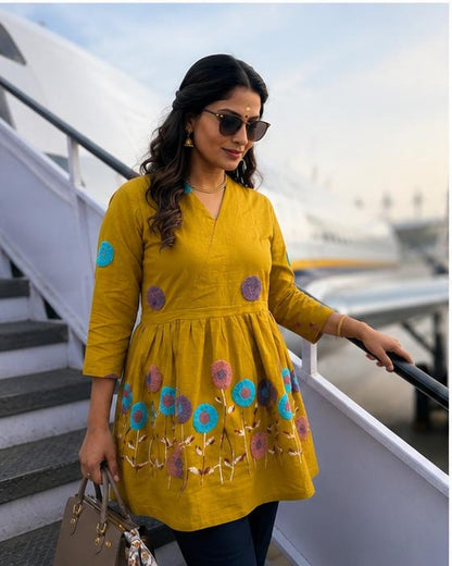 Mustard Embroidered Cotton Wrap Peplum Kurta