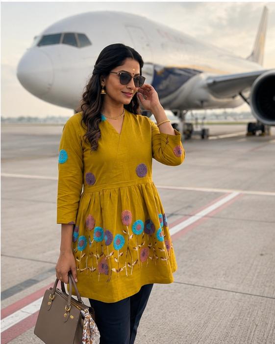 Mustard Embroidered Cotton Wrap Peplum Kurta