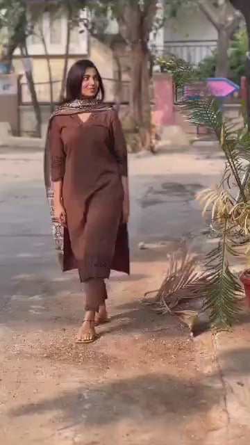 Brown Embroidery Cotton Suit Set With Chandery Silk Dupatta For Women